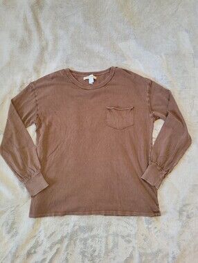 We The Free Womens Small Oversized Brown Long Sleeve Distressed Pocket Shirt Top